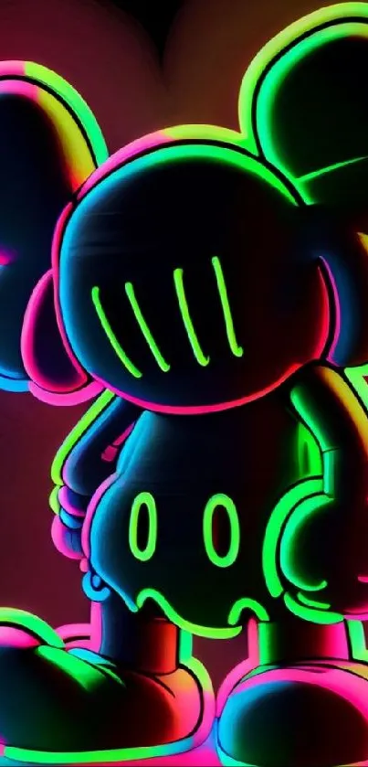 Neon green abstract character on a colorful background.