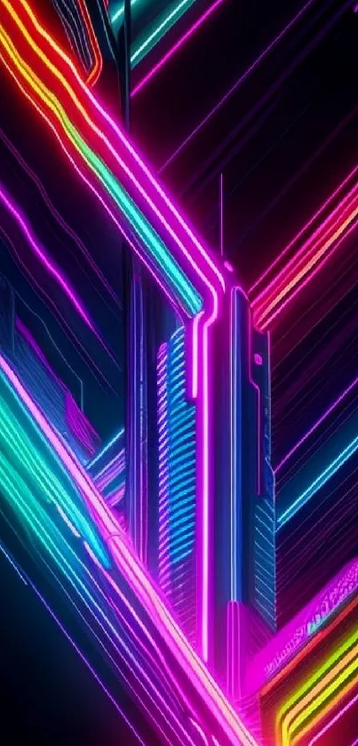 Neon abstract cityscape wallpaper for mobile with glowing lines.