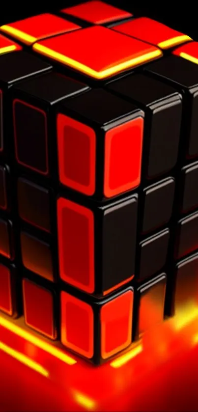 Neon abstract cube with red and black design.