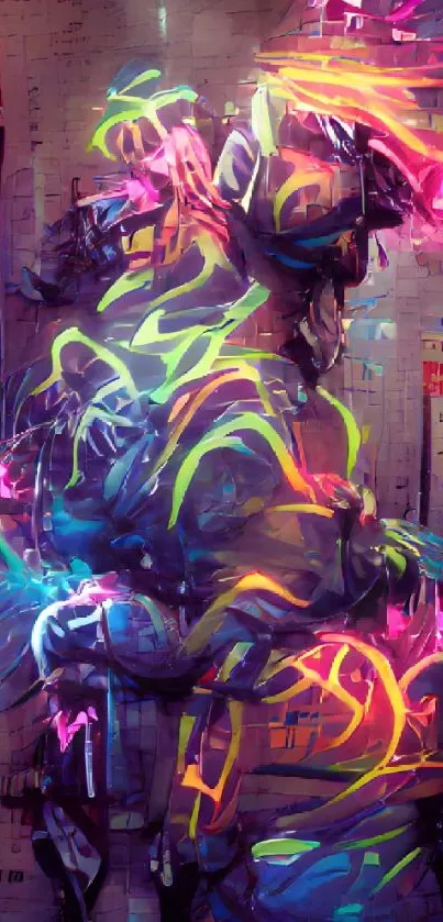 Vibrant neon abstract artwork with dynamic lines and colorful patterns.