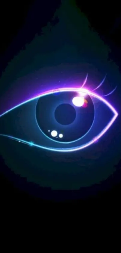 Neon abstract eye design on black background.