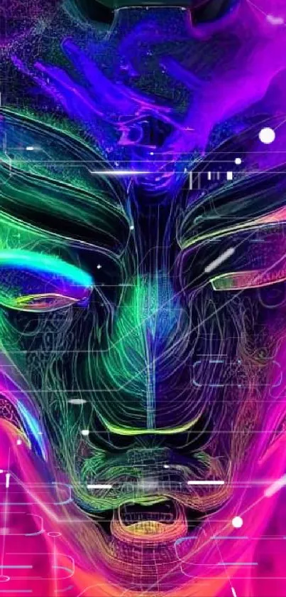 Neon abstract face wallpaper with vibrant colors and glowing design.