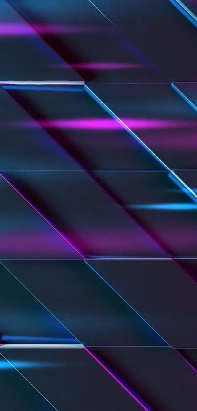 Neon geometric abstract wallpaper with blue and purple 3D effects.