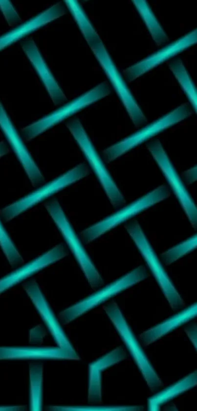 Neon turquoise abstract grid wallpaper on black background.