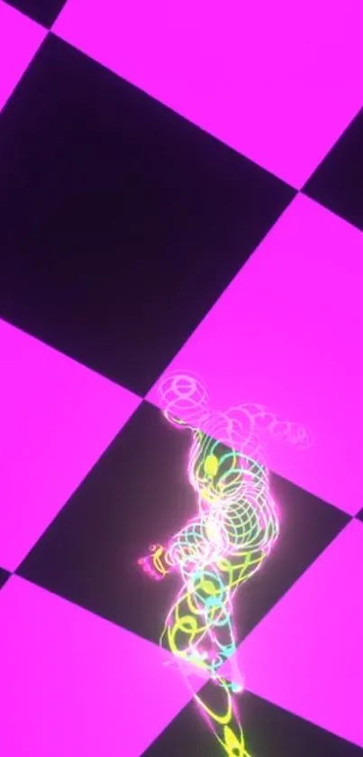 Vibrant neon checkered grid with 3D abstract figure.