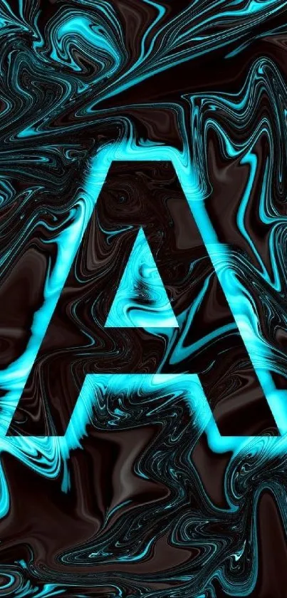 Abstract neon letter A with aqua swirls on black background.