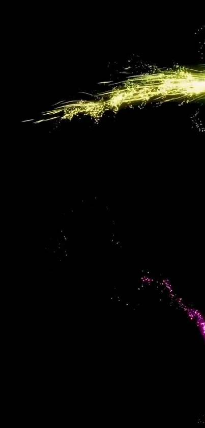 Neon abstract design with yellow and pink streaks on black background.