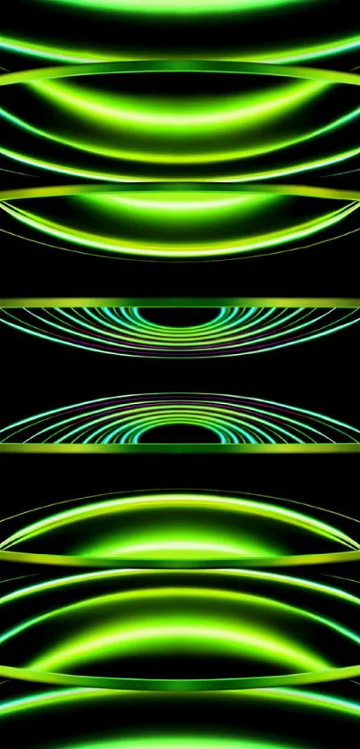 Vibrant neon green abstract shapes on black background.