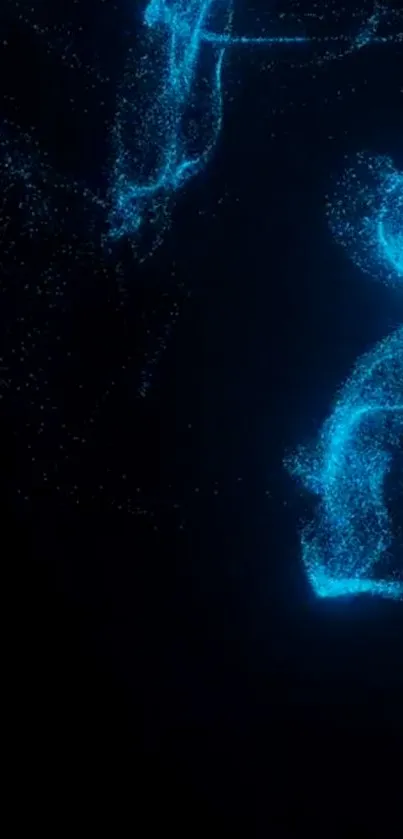 Neon blue particles on a dark background, creating an abstract tech design.