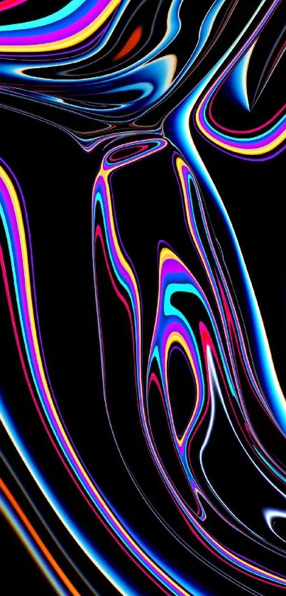 Neon abstract wallpaper with colorful swirls on a black background.