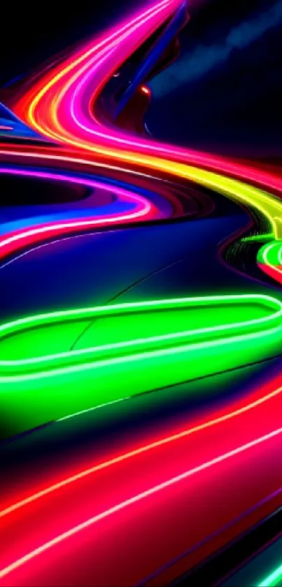 Colorful neon road with vibrant light streaks against a dark background.