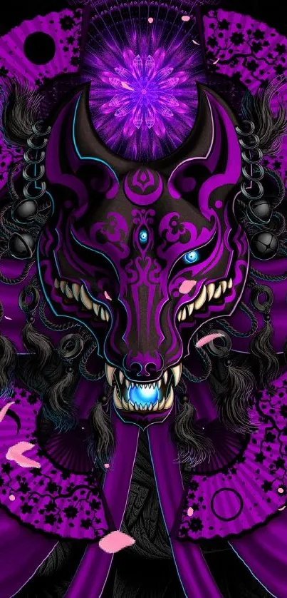 Neon abstract wolf design with dark purple and black hues.