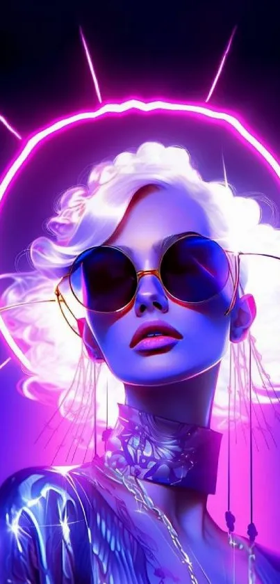 Futuristic portrait with neon halo and sunglasses