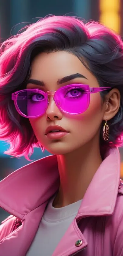 Stylish woman with neon pink sunglasses and a vibrant aesthetic vibe.