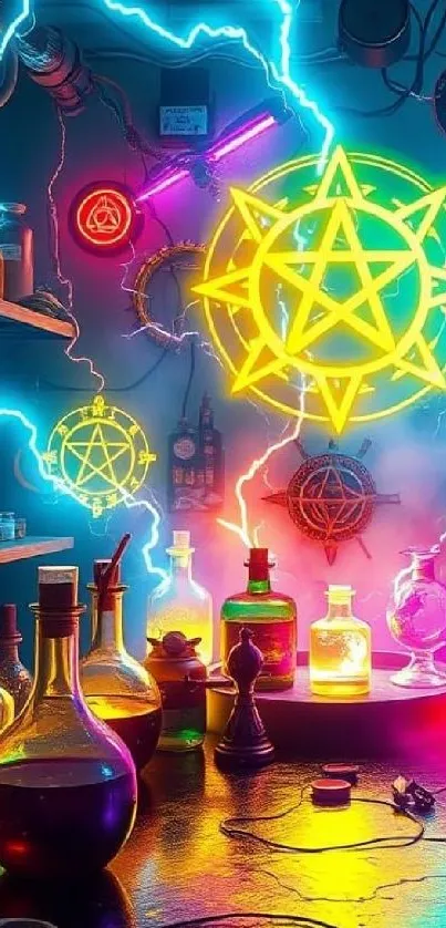 Neon alchemy lab with colorful bottles and vibrant symbols in a magical setting.
