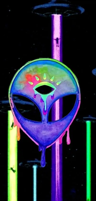 Neon alien face with dripping colors and UFOs in the background.