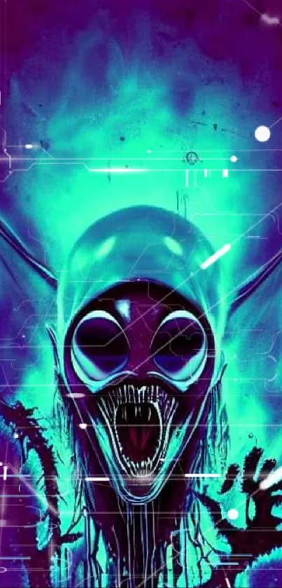 Neon alien artwork with vibrant cyan hues and cosmic vibes for mobile wallpaper.