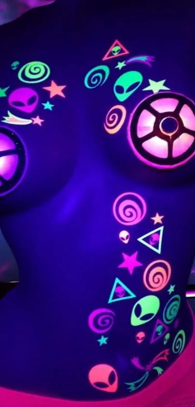 Neon body art wallpaper with alien design in purple glow.