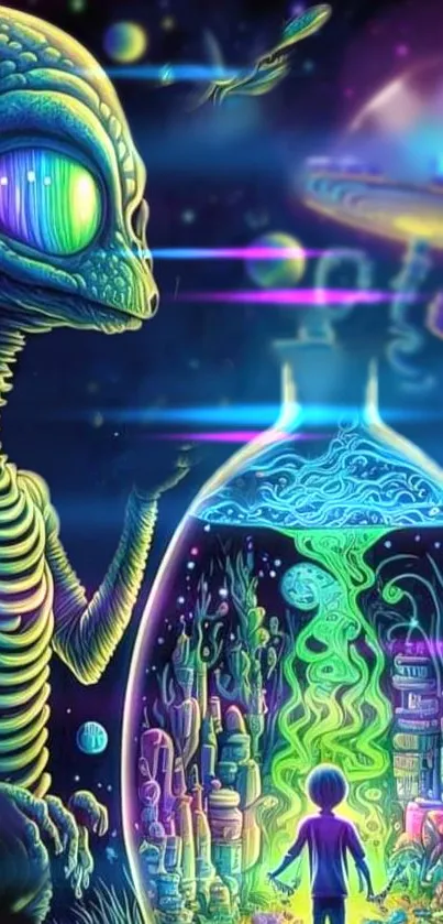 Neon-colored alien and child in a surreal cosmic fantasy landscape.