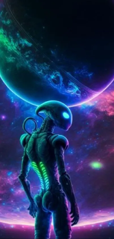 Neon alien gazing at glowing planet in a colorful galaxy.