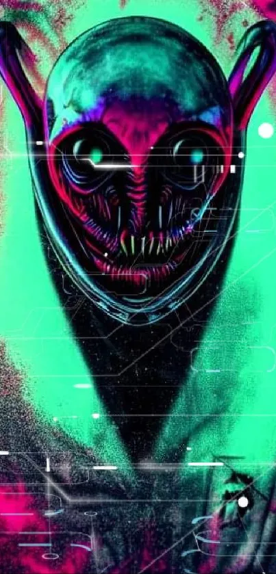 Neon alien creature with dark eyes and vibrant colors on a mobile wallpaper.