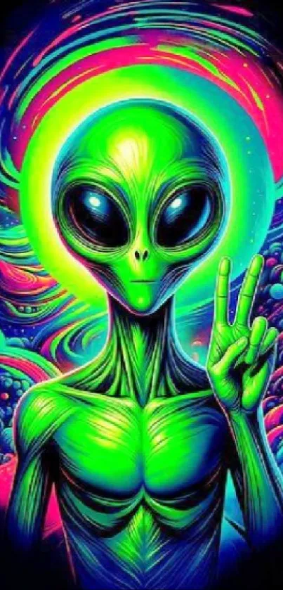 Vivid neon alien giving peace sign with cosmic backdrop.