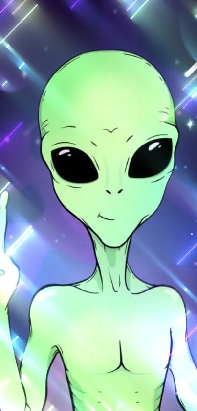 Neon green alien with peace sign in cosmic background.