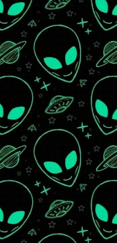 Neon green alien heads on a black background with space elements.