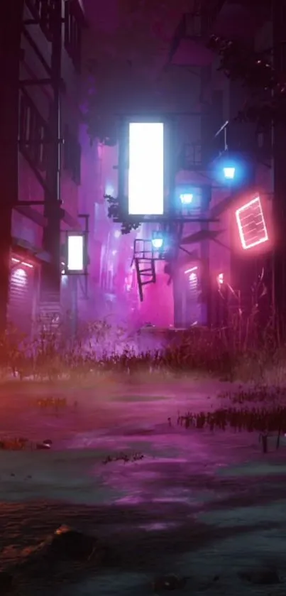 Neon-lit alley with vibrant purple hues and urban elements.