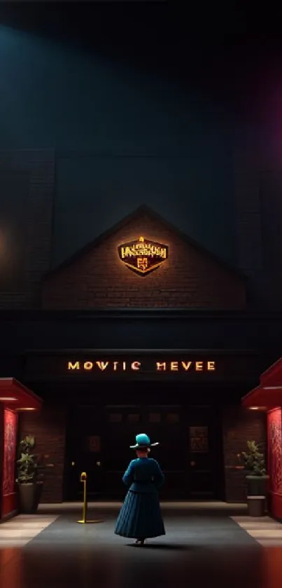 A neon-lit alley at night with an elegant figure featuring vibrant red and blue lights.