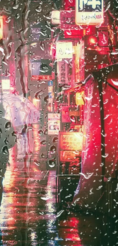 A person walks in a neon-lit alley on a rainy night.