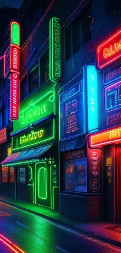 Neon-lit urban alley with vibrant signs.