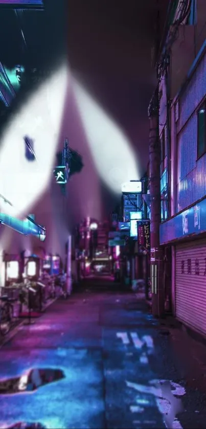 Neon-lit alleyway at night with pink and blue hues.