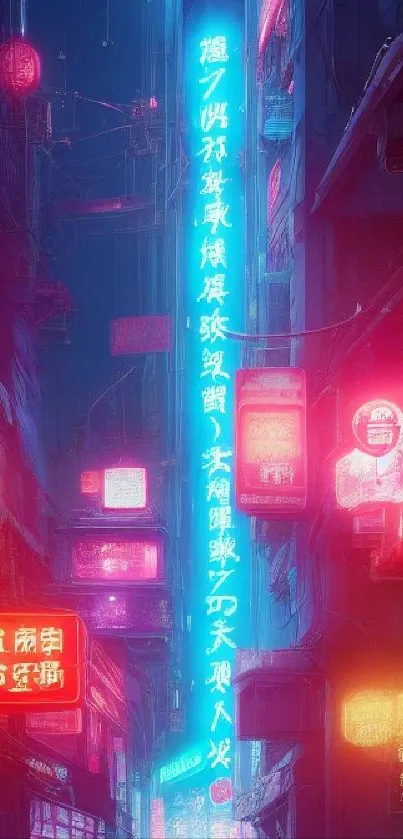 Futuristic neon alleyway with vibrant signs glowing against the night sky.