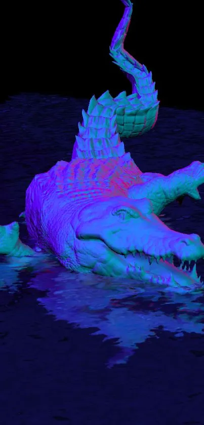 Neon alligator in surreal nightscape, vibrant colors reflected on water.