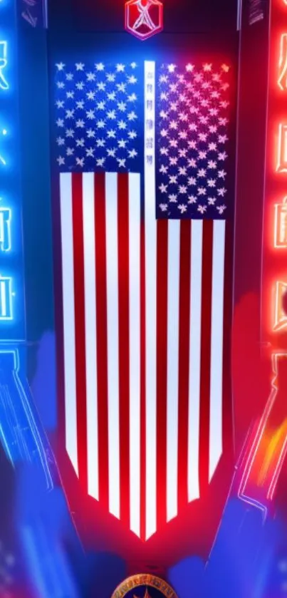 Neon American flag with futuristic elements in vibrant colors.