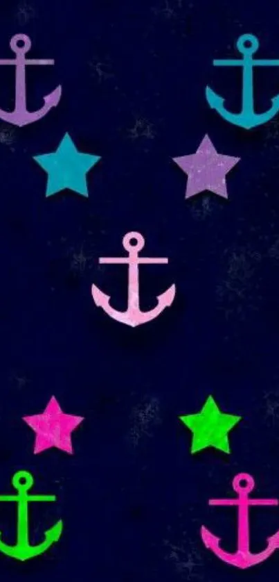 Neon anchors and stars on dark background mobile wallpaper.