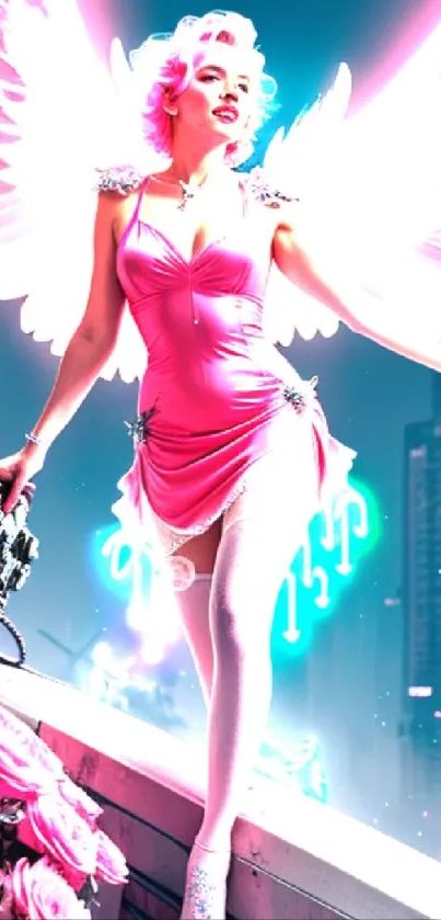 Angel with neon wings overlooking a futuristic city.