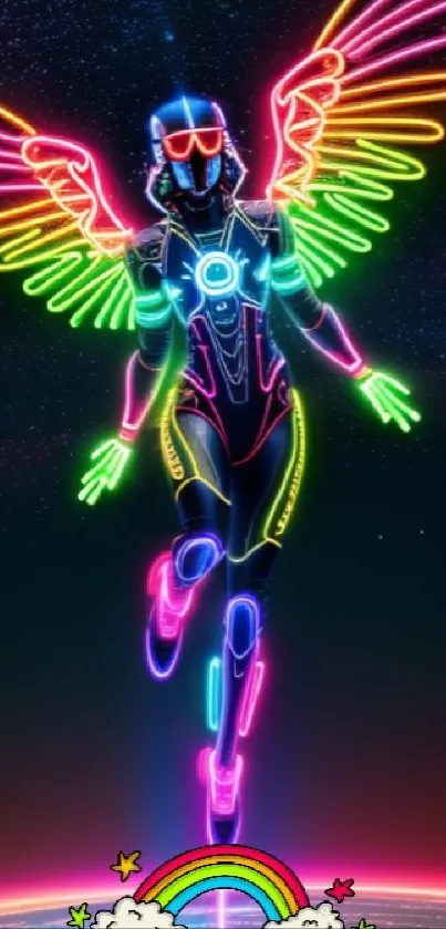 Neon angel with glowing wings in a futuristic, colorful design.