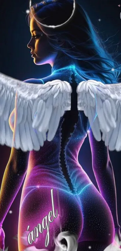 A glowing neon angel with white wings on a black background.