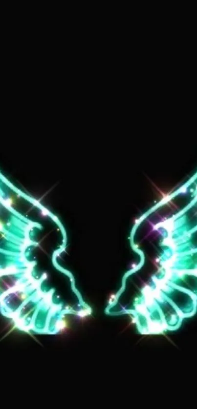 Glowing turquoise angel wings on a black backdrop.