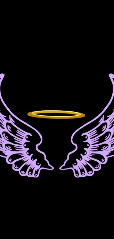 Neon purple angel wings with golden halo on black background.