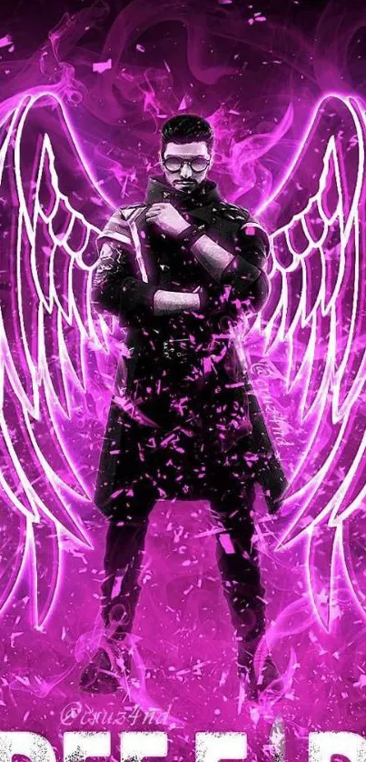 Mobile wallpaper featuring neon purple angel wings with a dark background.