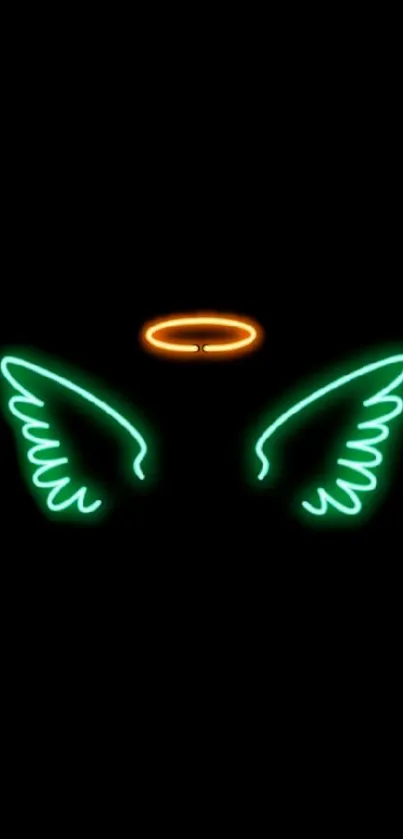 Neon green wings with an orange halo on black background.