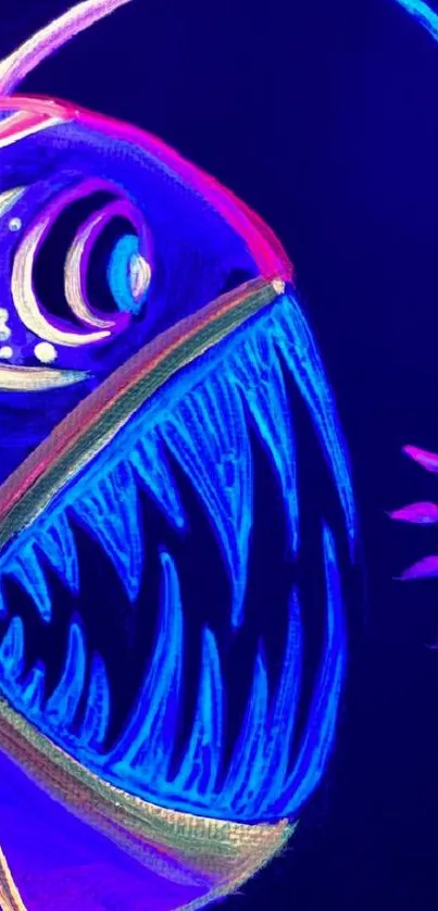 Neon anglerfish artwork in blue hues for phone wallpaper.