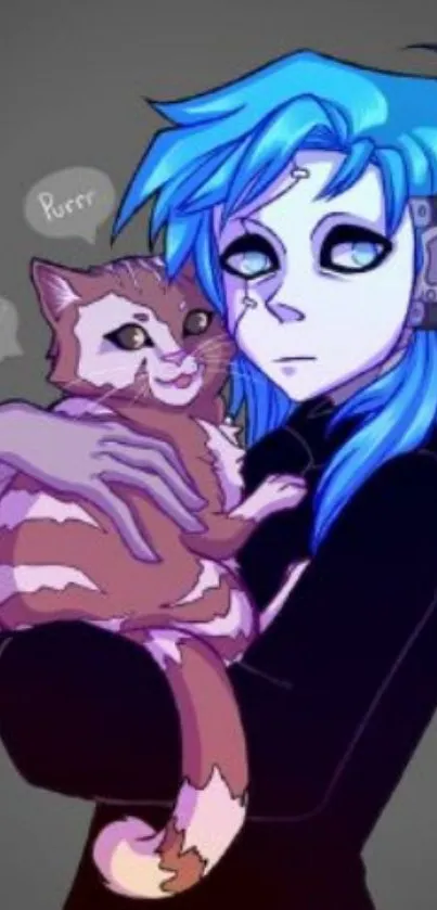 Anime character with blue hair holding a cat.