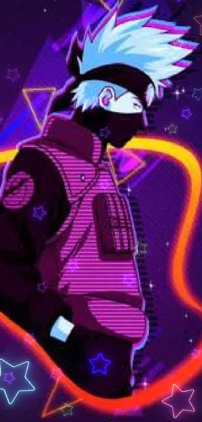 Neon anime character design with vibrant colors in a purple background.