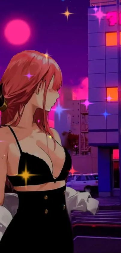 Anime character in neon-lit cityscape at night.