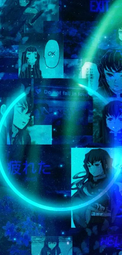 Neon anime collage wallpaper with teal and blue hues, featuring dynamic artwork.