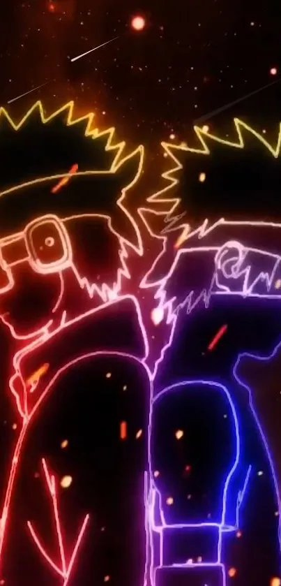 Neon outline of two anime characters with cosmic fiery background.